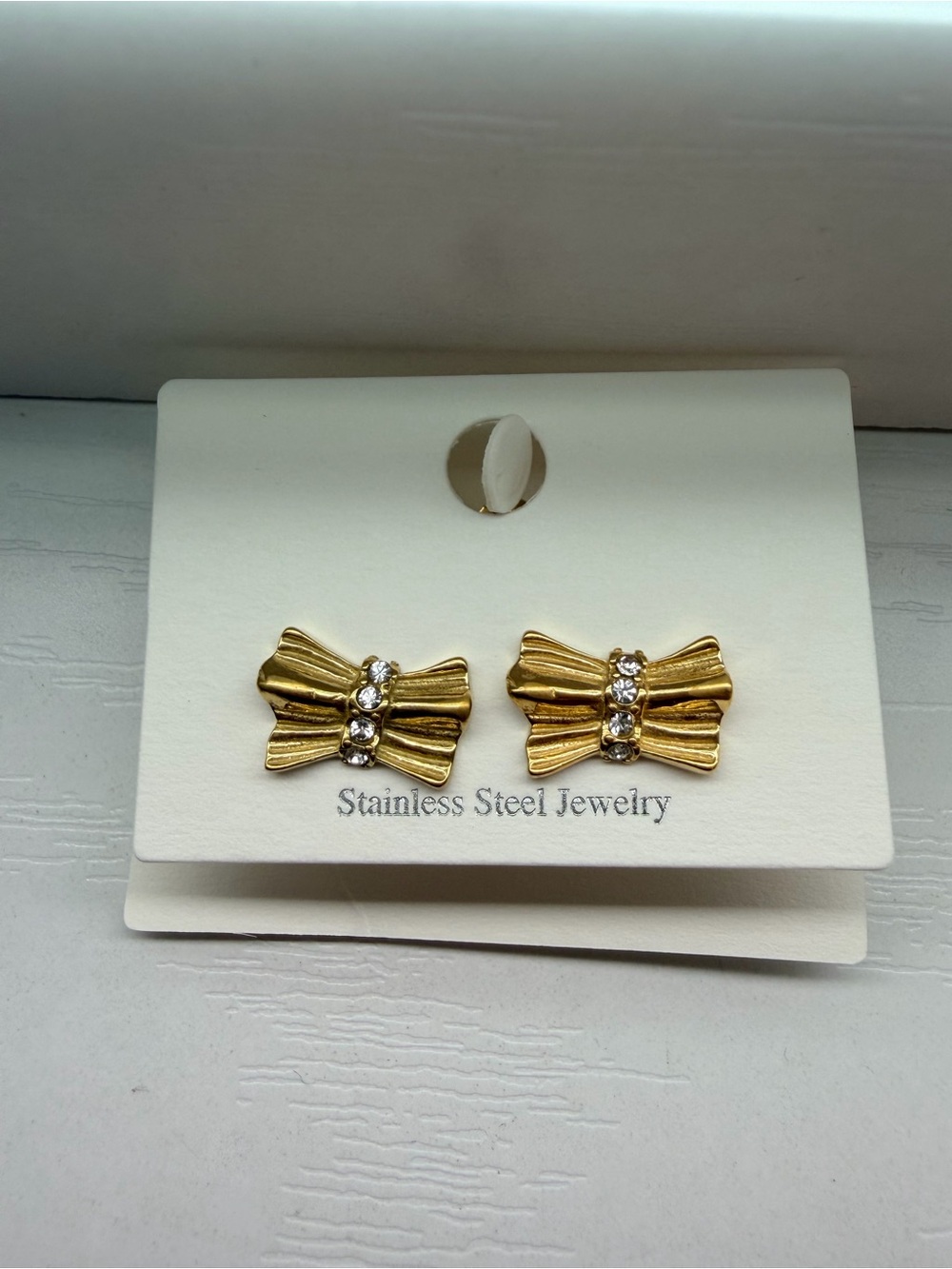 Gold Bow Crystal Accent Stud Earrings - Stainless Steel Jewelry